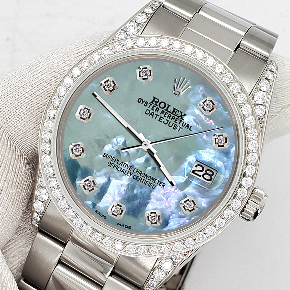 Rolex Datejust 36mm 1.95ct Diamond Bezel Lugs Tahitian Blue MOP