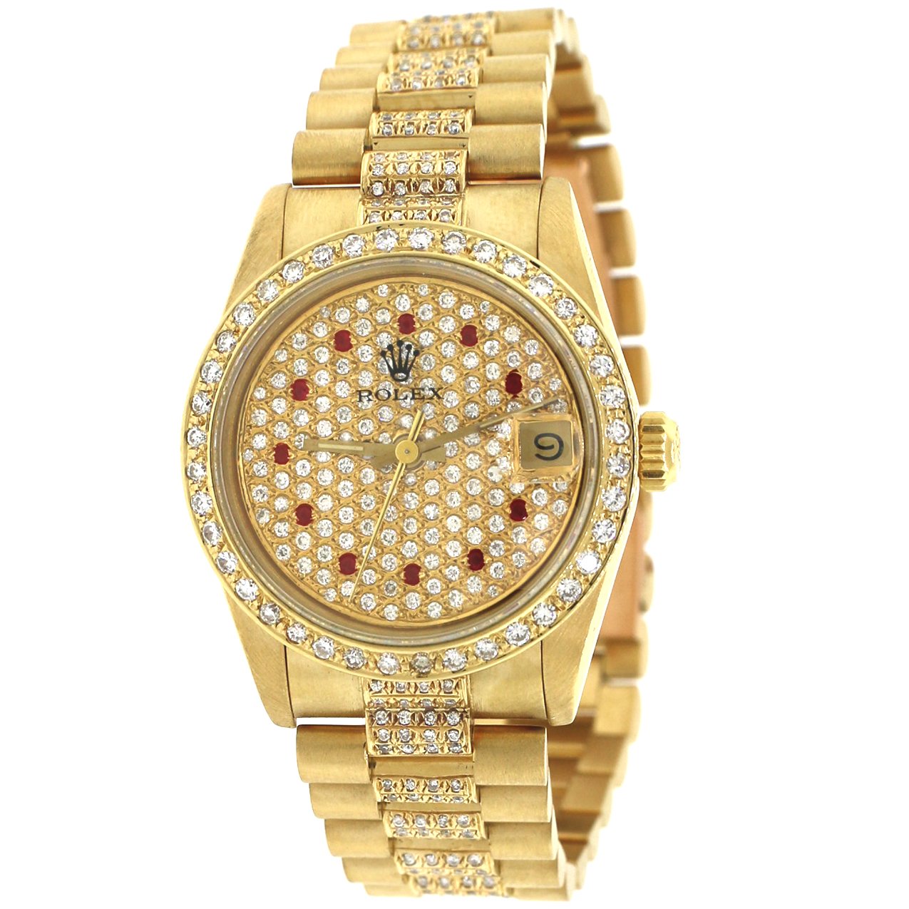 Rolex President Datejust 31MM 18K Gold Watch w/Pave Diamond Dial/Bezel ...