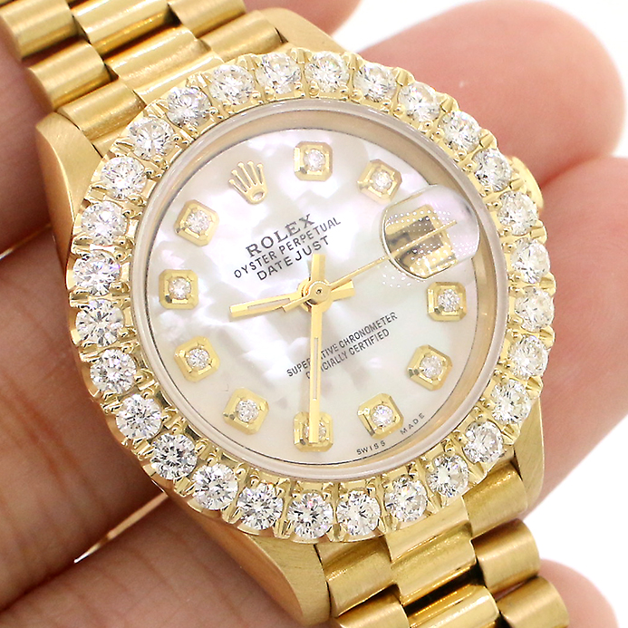Rolex President Datejust 26mm Gold Watch w/2CT Diamond Bezel/White MOP ...