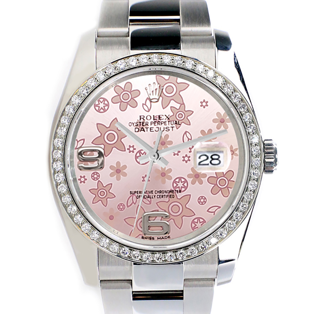 Rolex Datejust 36MM Pink Floral Watch Custom VS1 Diamond Bezel